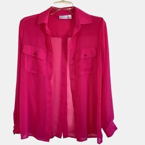 BISOU BISOU XS Hot Pink Flowy Slit Back Blouse Top Button Pockets Breezy No Iron